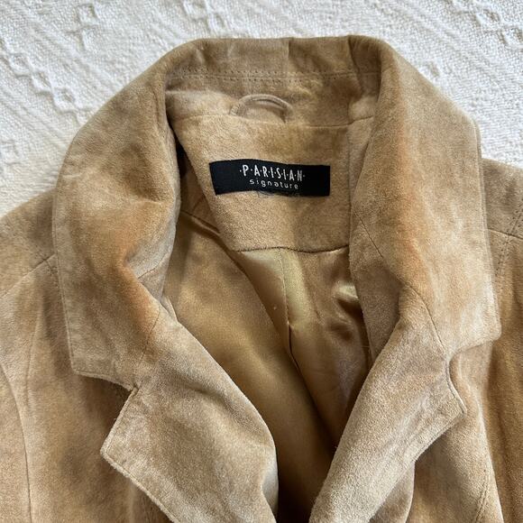 Vintage Suede Leather Blazer Jacket Tan Parisian Signature Large Relaxed 90s - Picture 8 of 12